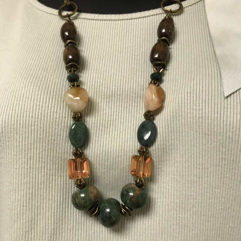Gemstone Necklace Bohemian Necklace Agate Stone Wood Crystal Necklace Handmade